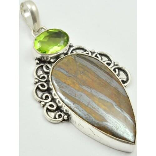 Iron Tiger Eye & Peridots Pendant Silver Overlay over Copper , 68 mm, P3310