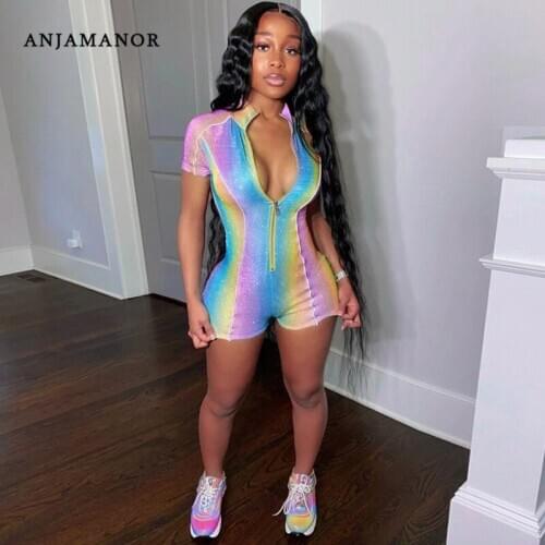 ANJAMANOR Rainbow Tie Dye Sports Fitness Jumpsuits for Women 2020 Sexy Club Outfits Glitter Zip V Neck Bodyocn Rompers D16-CD15