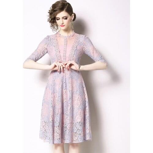 Womens spring summer medium long lace dress female runway fashion high waist vintage slim lace dress TB669