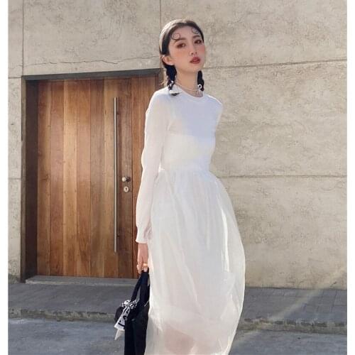 Round Neck Long-Sleeved Waist Knitting Stitching Mesh Dress womens Early Spring 2021 New French Retro Swan White Dresses Lady