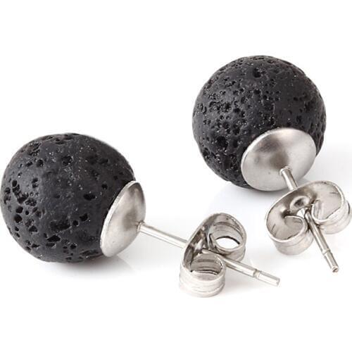 8mm 10mm Aromatherapy Natural Black Lava Stone Bead Stud Essential Oil Diffuser Earrings Stainless Steel Earings Jewelry