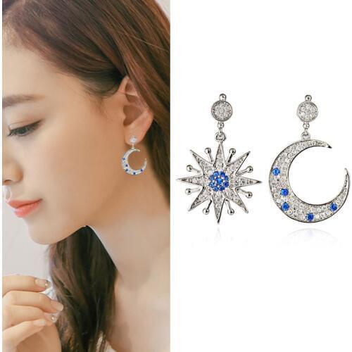 B188Asymmetrical zircon earrings Stars and moon Silver needle earrings Non-porous ear clip female jewelry