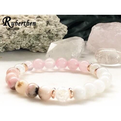 Ruberthen 8 MM Moonstone Rose Quarz Bracelet Natural A Grade Pink Opal Energy Mala Bracelet Tibetan Balance Protection Bracelet