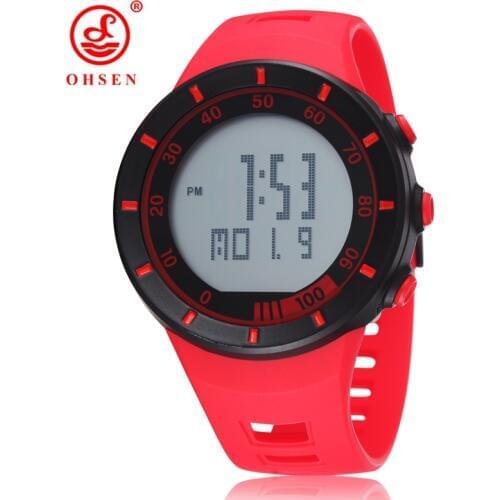 New OHSEN Digital Women Lady LCD Diving Wristwatch 50M Waterproof Outdoor Sport Rubber Band Fashion Red Gift Male watches Clocks