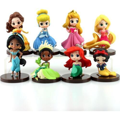Disney 8pcs/Set Q Posket Characters Tinker Bell Aladdin Princess Jasmine Snow White Alice Mermaid Ariel Bell Action Figure Toys