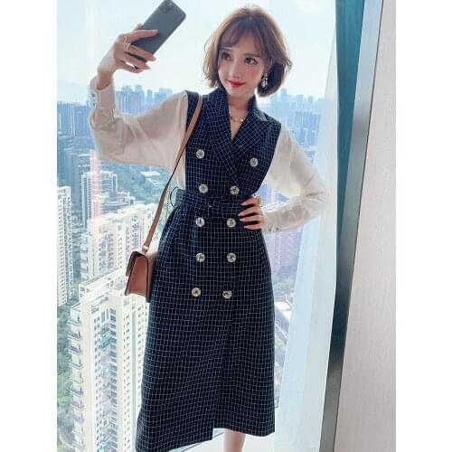 Elegant temperament plaid splicing suit collar double-breasted belted waist dress female, 2020 new autumn and winter