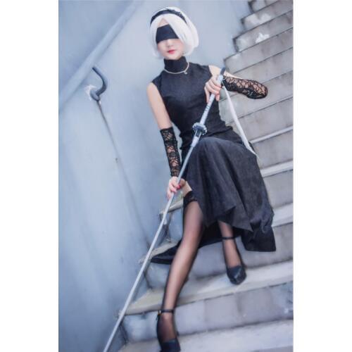 Hot Anime NieR:Automata 2B Cos Chinese Element Black Cheongsam High Quality A