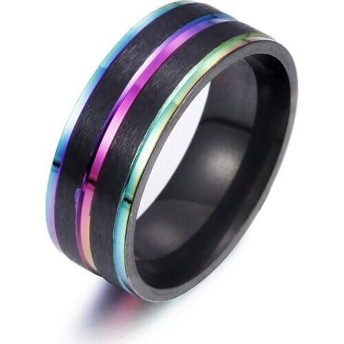 Men Black 2 Tone Frosted Stainless Steel Basic Wedding Ring Fashion Vintage Colorful Rock Punk Ring Rainbow Line Classic Jewelry
