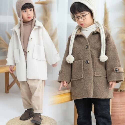 2019 Autumn and Winter New Childrens Wear Fashion Lambswool Jacket Baby Boys and Girls Long Korean Lamb Fur Coat Boys Wool Coat