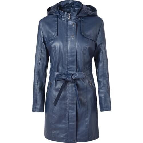 Women Long Sleeve Overcoat Winter Dark Blue Girls Hooded Jacket PU Leather Female Top Coat Lady Thick Faux Leather Windbreaker