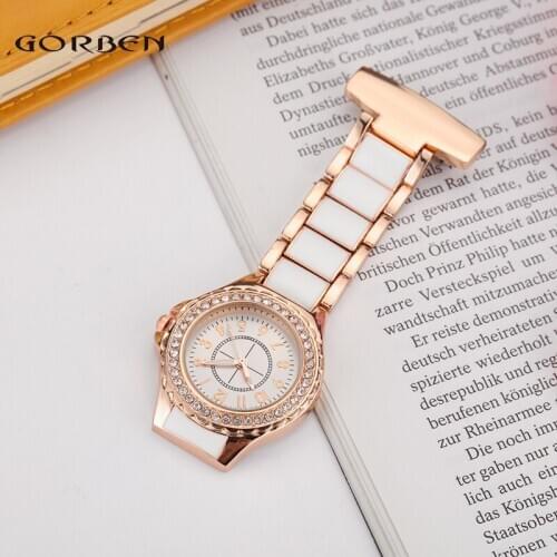 New Fashion White Rhinestone Stainless Steel Quartz Nurse Watch Fob Chain Women Lady Dress Pocket Watch Gifts Reloj de enfermera