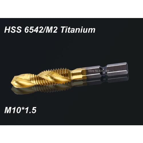 1Pc 10MM HSS Spiral Pointed Complex Taps Titanium M2 Stainless Steel Tapping Chamfering Tool 1/4" Hex Shank Metric M10*1.5
