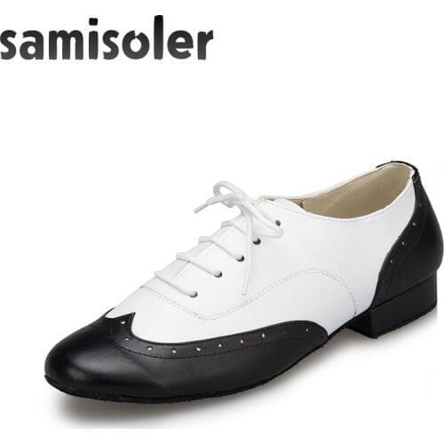 Samisoler Black W Mens Black leather ballroom dance shoes Flats Modern dance shoes Tango Party Wedding Square dance shoes