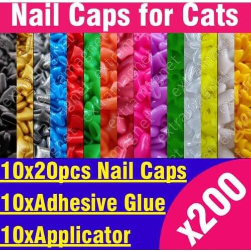 200pcs - Soft Nail Caps for Cats + 10x Adhesive Glue + 10x Applicator /* XS, S, M, L, paw, claw, cover, lot, cat