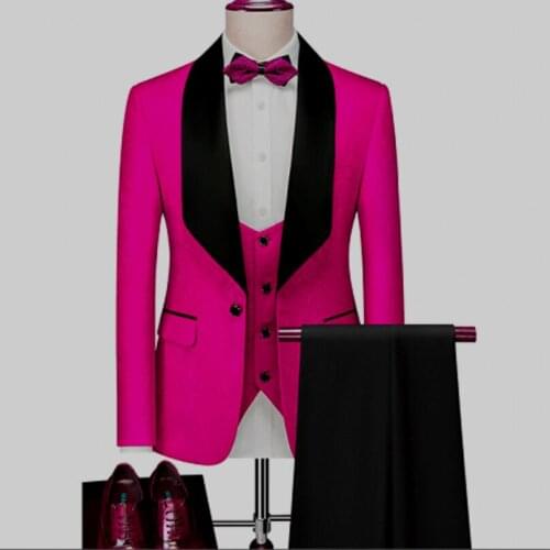 Newest Men Suits Hot Pink Pattern and Black Groom Tuxedos Shawl Lapel Groomsmen Wedding Best Man ( Jacket+Pants+Vest+Tie ) D21
