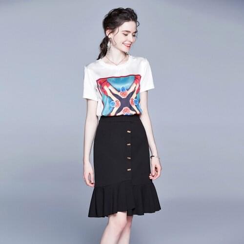 LUKAXSIKAX 2020 New Summer Women Sets Fashion Print T-shirt And Mermaid Skirt Two Piece Set Elegant Skirt Suits