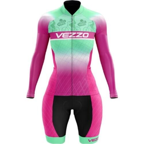 VEZZO Womens Pink Cycling Clothes Triathlon Skinsuit Sets Macacao Ciclismo Feminino GEL Pad Go Pro Team Bicycle Jumpsuit Kits