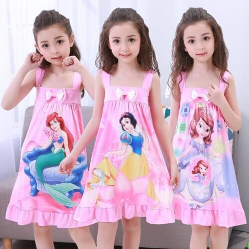 Anna Elsa Dress Girls Nightdress Clothes Cartoon Pajamas Childrens Clothing Short-sleeved Pajamas Dress Kids Family Wear