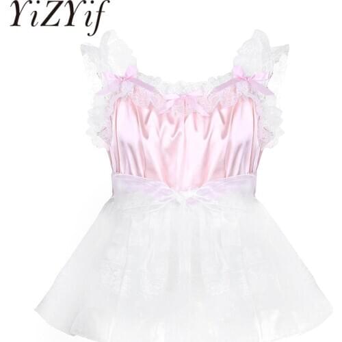 Men Sissy Dress Nightwear Lingerie Satin Tulle Dress Smooth Elastic Frilly Ruffled Lace Shoulder Straps And Tulle Waist Belt