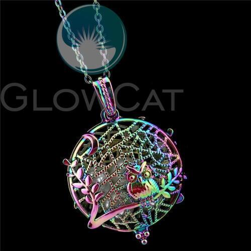 R-C971 Rainbow Moon Owl Beads Cage Pendant Perfume Diffuser Aroma Pearl Cage Magnet Locket Necklace