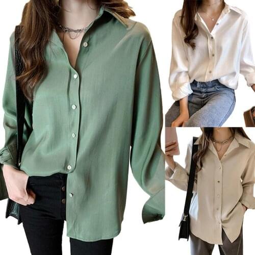 Plus Size M-4XL Women Solid Color Long Sleeve Turndown Collar Button up Loose Female Top Shirt Blouse Basic T Shirt