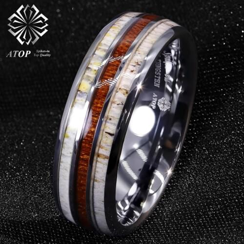 8mm Silver Tungsten Ring With Deer Antler Koa Wood Men Wedding Band ATOP Jewelry