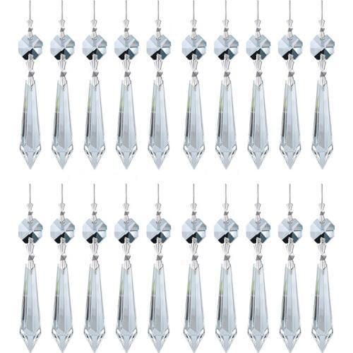 H&D 20pcs Replacement Clear Chandelier Icicle Crystal Prisms Octogan Crystal Bead for Lamp Decor (55mm&Silver Butterfly Clips)