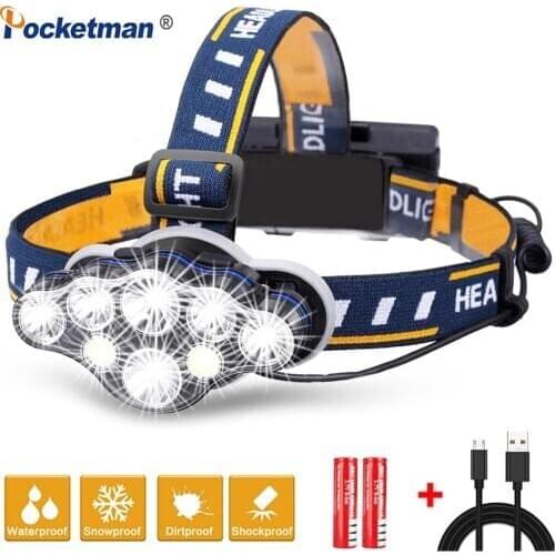 Super Bright 8 Lights USB Rechargeable Headlamp High Power COB +T6 LED Headlight Waterproof Camping Head Lamp Use 18650 Battery