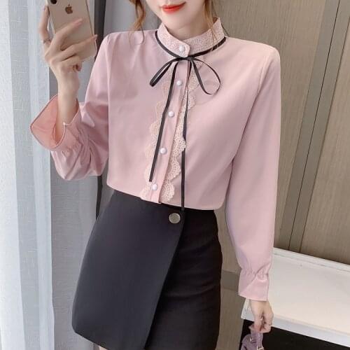 Chikichi Thin Shirt Female New 2021 Autumn Shirt French Fashion Lace Bow Tie Stand Collar Trumpet Sleeve Pink Top