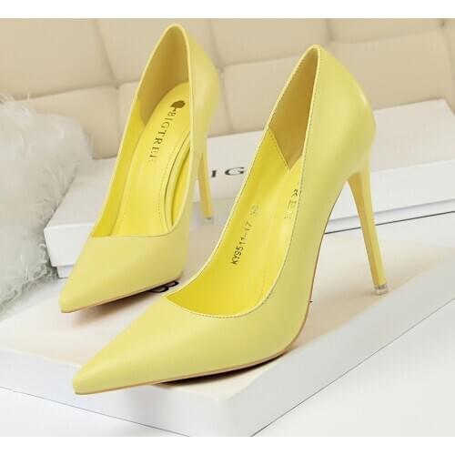 BIGTREE Shoes Soft Leather Fashion Women Pumps Candy Colors Pointed Toe Office Shoes Woman High Heels Party Shoes Big Size 34-43