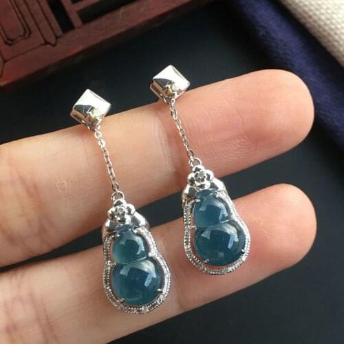 Unique design craftsmanship silver inlaid natural blue purple chalcedony gourd long earrings personalized ladies jewelry
