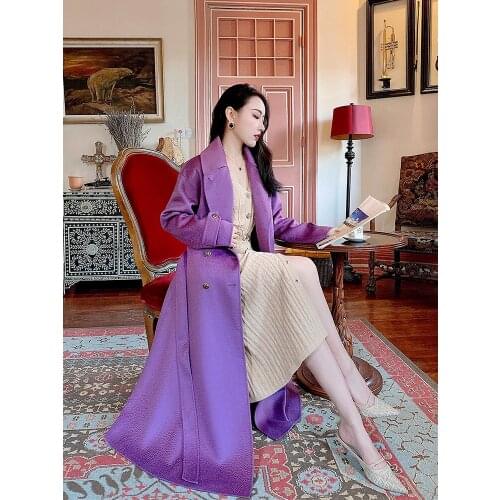 High-end purple lace water ripple double-sided cashmere coat womens mid-length