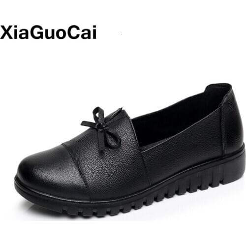 Big Size Women Casual Shoes Loafers Slip-on Flats Genuine Leather Leisure Footwear Bowknot Soft Lightweight Old Ladies Shoes