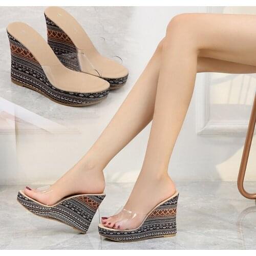 Ethnic style slope with high-heeled womens shoes summer new waterproof platform fish mouth transparent sandals and slippers