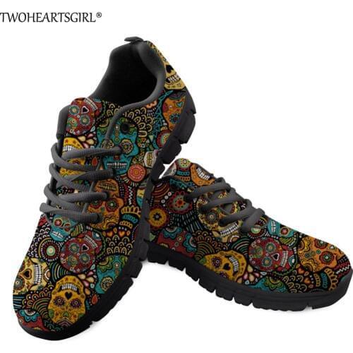 Twoheartsgirl Classic Sugar Skull Print Sneakers Breathable Lace Up Women Mesh Shoes Personalized Ladies Mesh Flats Comfortable