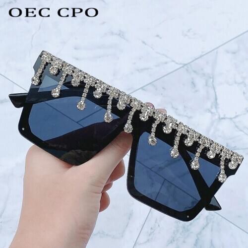 Rimless Diamond Sunglasses Women Fashion Brand Oversized Flat Top Crystal Frame Rhinestone Sunglasses For Women One Piece Glasse