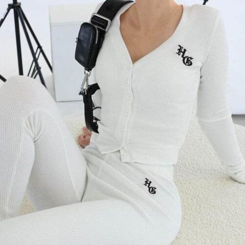 Knitted Two Piece Set V-neck Crop Top High Waist Trousers Autumn Letter Embroidery Casual Streetwear Women Long Sleeve