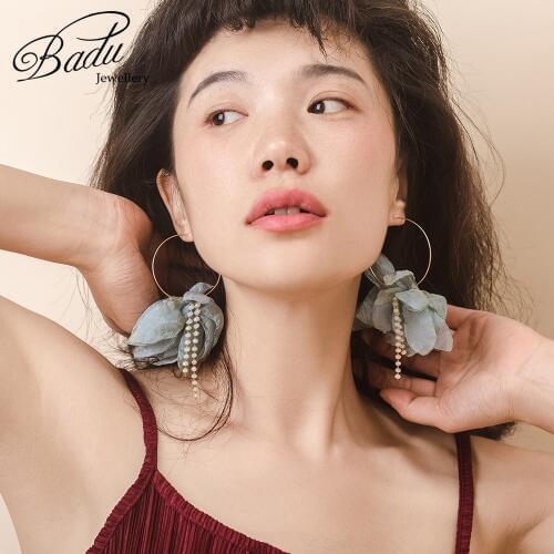 Badu Gold Copper Hoop Earring Green Yarn Flower Pendant Bohemian Earrings Big Statement Jewelry Gift for Girls Wholesale