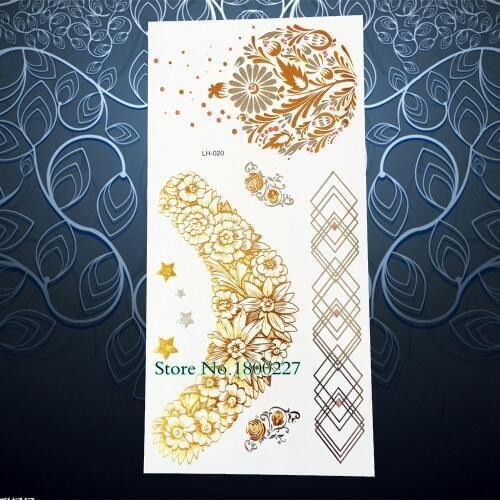 1PC Flash Temporary Tattoo Women Wedding Henna Lace Jewel PH20 Gold Flower blossom Waterproof Metallic Tattoo Arm Shoulder Tatoo
