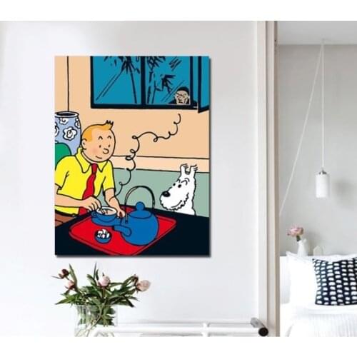 100% Hand Painted Oil Painting With Popular Art Graffiti Artworks TINTIN Cartoon On Canvas For Kids Room