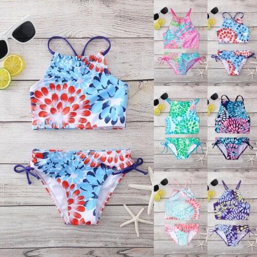 2021 Summer Hot Sale Girls' Swimsuit tie-dye Printed Two Piece Bikini Suit With Ruffled Frills Childrens Split Bathing Suit E2