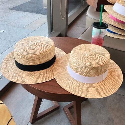 2021 New Sun Hats Women Fashion Natural Straw Summer Beach Hat For Girls Handmade Flat Panama Beach Hat Party Black White Ribbon