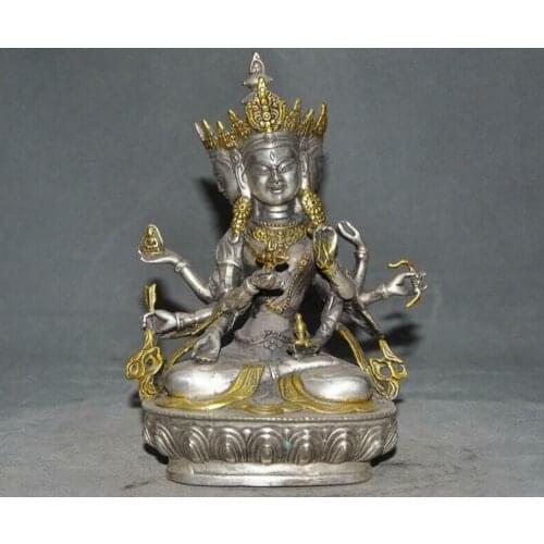 8"Tibet Tibetan silver gilt 3 Head 8 Arm Namgyalma Ushnishavijaya buddha statue
