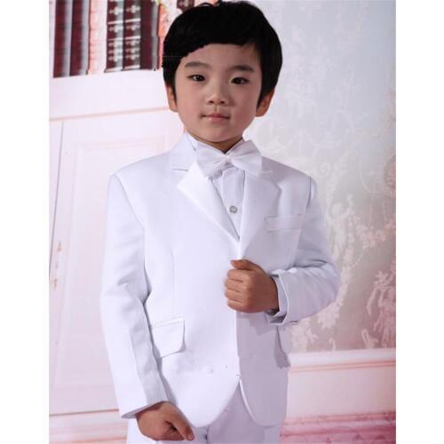 White Satin Boys Formal Wears Notched Lapel Two Buttons Wedding Ring Bearer Kids Tuxedos Children Suits(Jacket+Pants+Bow)