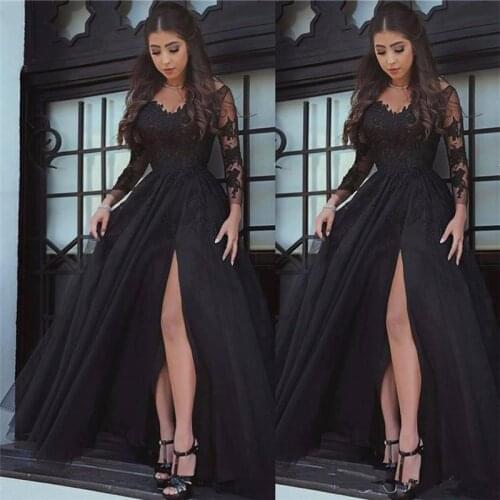 Black Amazing V-neck Long Sleeve Prom Dresses Appliques Tulle Long Formal Prom Gowns Robe De Bal Party Evening Dresses