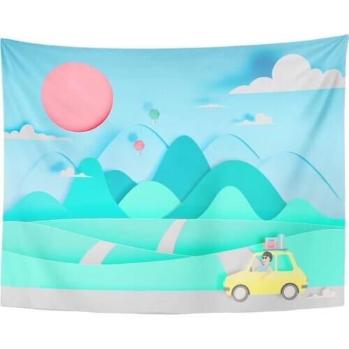 Colorful Minimal Road Trip with Car and Natural Pastel Color Scheme Cut Style Nature Travel Tapestry Home Decor Wall Hanging