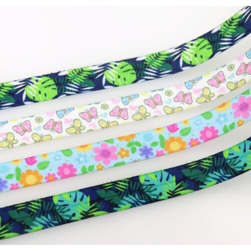 DUWES 5/8'' 50yards Leaf Flowers Butterfly Printed Fold Elastic FOE Stretch Ribbon Hairbow Headwear Headband DIY OEM D1501