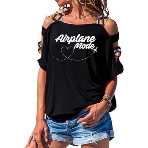 Airplane Mode T-shirt Women Stylish Wanderlust Travel Vacay Tshirt Casual Summer Sexy Hollow Out Shoulder Tee Shirt Top