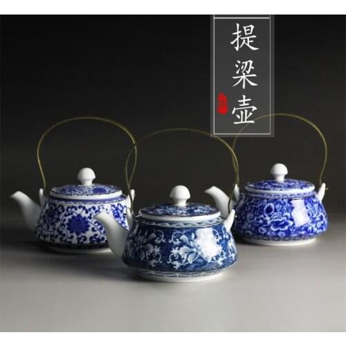 Chinese Jingdezhen Blue and White Porcelain Tea Pot 600ml Home Copper Girder Ceramic Teapot