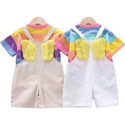 Baby Boys Sets Summer Rainbow Color Short Sleeve T-Shirts+ Suspender Pants Suits Children Clothing Angel Wings Summer Outfits